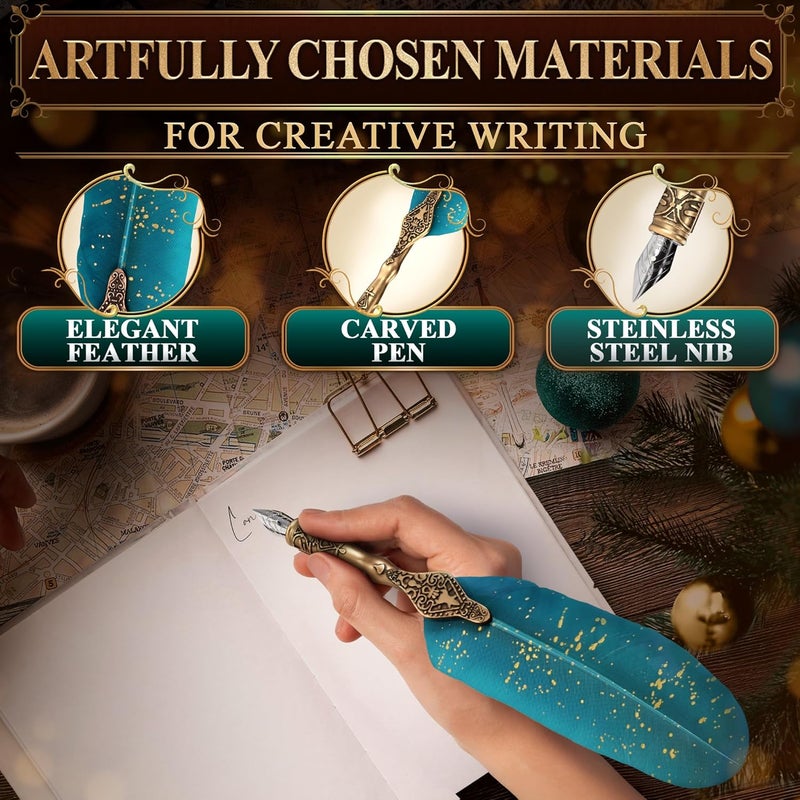 Kotko Turquoise Feather Quill Pen and Ink Set – Stainless Steel Dip Pen with 5 Nibs, Non-Slip Grip, Stand & Gift Box – Vintage Quill and Ink Set for Signing, Writing Calligraphy Kit, Elegant Writer Gift - Image 3
